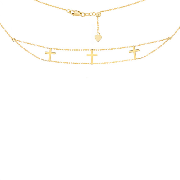 Element Shine Jewelry - 14K Solid Gold Triple Cross Choker Necklace